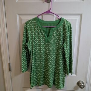 Charter Club Women's Green & White 3/4 Sleeve V-neck Tunic Top - Size M